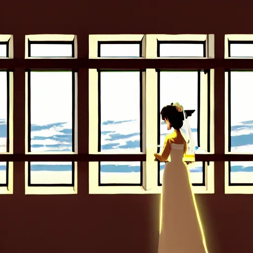 Image similar to a beautiful picture of the window of the church, a bride and a groom, sky, by makoto shinkai, - w 7 6 8