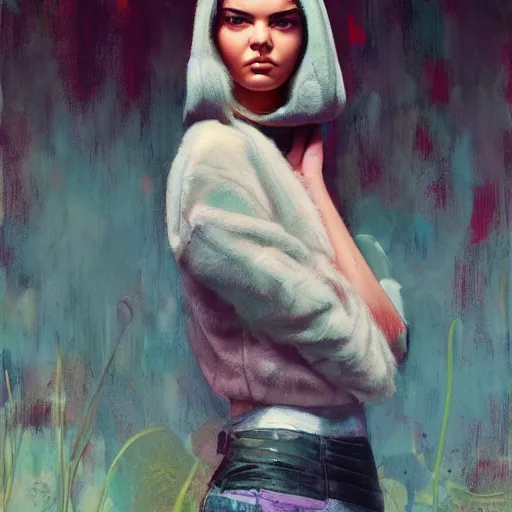 Prompt: fashion model kendall jenner by Hebru Brantley by Richard Schmid by Jeremy Lipking by moebius by atey ghailan