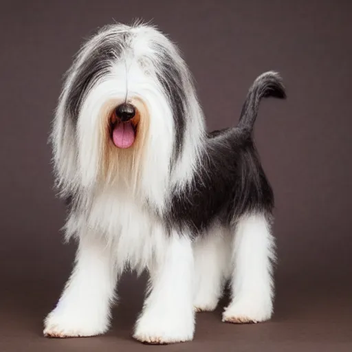 Image similar to TY beanie baby (bearded collie dog), comedy, action shot, arf, ultra high resolution, cute, adorable, fluffy, 70mm/f2.8, imax