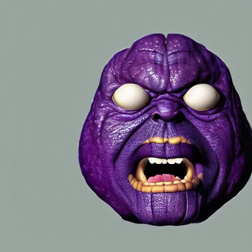 Image similar to thanos as an raisin with raisin features with the face of thanos, jamming with the californian raisins, realistic, hyperrealistic, ultra realistic, real, real world, highly detailed, very detailed, extremely detailed, intricate details, 8 k resolution, hd quality