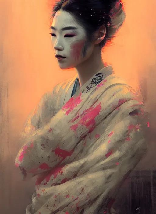 Image similar to female geisha girl, beautiful face, neon, rule of thirds, intricate outfit, spotlight, by greg rutkowski, by jeremy mann, digital painting