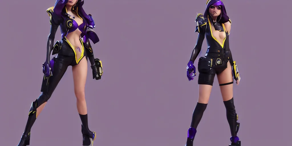 Image similar to character sheet of KDA Caitlyn (League of Legends), octane render, 3d, 4k, trending on artstation