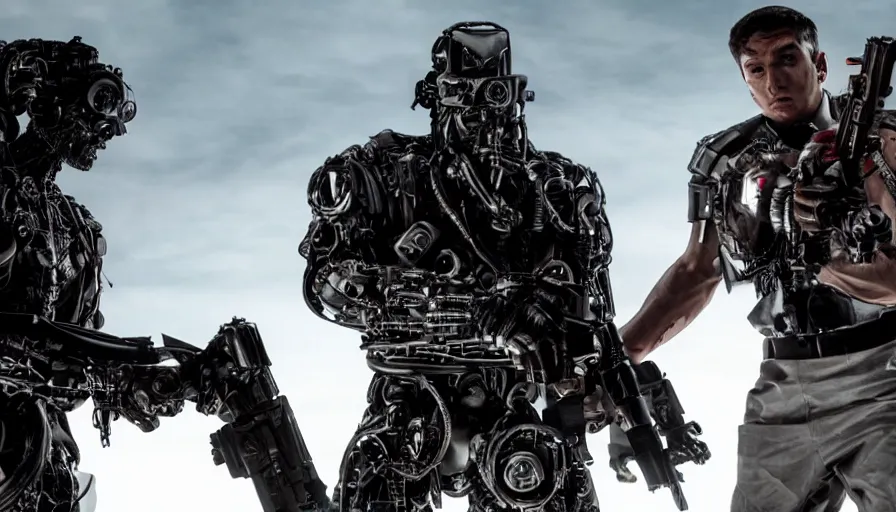 Prompt: Big budget movie about a cyborg fighting descarte's evil demon while a soldier shoots them both with a minigun