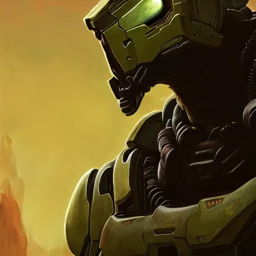 Prompt: doom guy from doom eternal in the halo universe, artstation hall of fame gallery, editors choice, #1 digital painting of all time, most beautiful image ever created, emotionally evocative, greatest art ever made, lifetime achievement magnum opus masterpiece, the most amazing breathtaking image with the deepest message ever painted, a thing of beauty beyond imagination or words, 4k, highly detailed, cinematic lighting