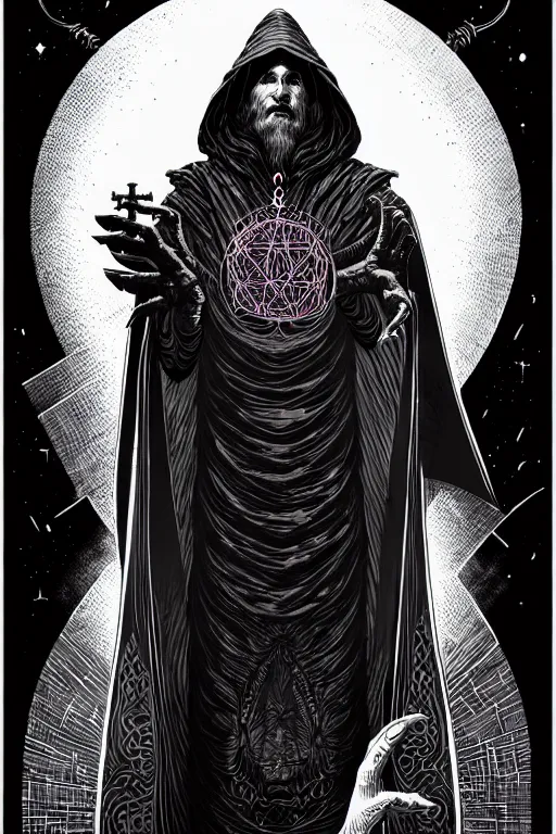 Image similar to cloaked ancient alchemist wizard casting a spell, high details, lineart, by vincent di fate and joe fenton,, inking, screen print, masterpiece, trending on artstation, sharp, high contrast, hyper - detailed, hd, 4 k, 8 k