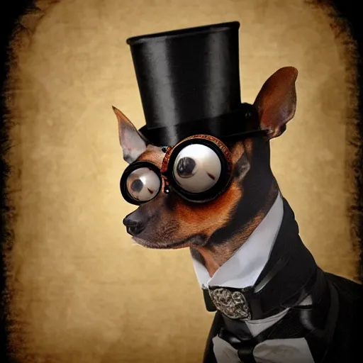 Image similar to photo of steampunk min pin wearing top hat and monocle, photorealistic, 4k, artstation