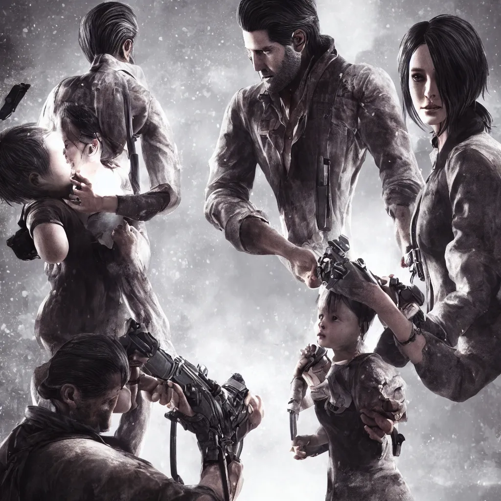 Image similar to Sebastion Castellanos of The Evil Within 2 holding his daughter, making your way home, snowy plains, unreal engine 5, wallpaper, emotional