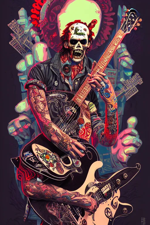 Image similar to zombie punk rocker playing acoustic guitar, tristan eaton, victo ngai, artgerm, rhads, ross draws, intricated details, 3 / 4 view, full body portrait