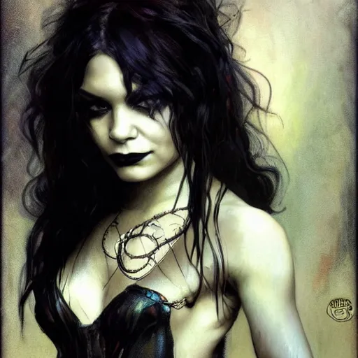 Image similar to beautiful portrait of vanessa hudgens as death from sandman, smiling, by cedric peyravernay, alphonse mucha, by jeremy mann, by lecouffe deharme, goth chic, soft lightning, eyeliner, punk rock, high detailed, 8 k