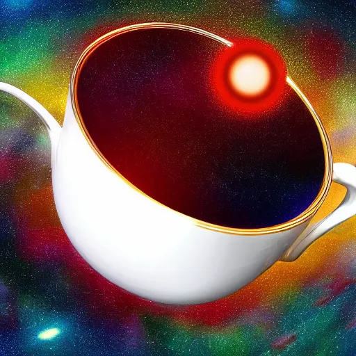 Image similar to a teacup containing a planet Jupiter as a boiling liquid, hyper realistic, digital art, colorful