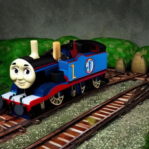 Image similar to thomas the tank engine in extremely dramatic and horrific setting, 8 k, gooey, slime, black, darkness, body horror, thomas the train, thomas the tank engine face, horror,