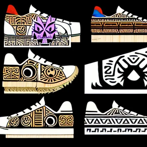 Image similar to sneaker design designed by studio ghibli, aztec mayan street fashion native punk sneaker design, majora's mask, wearing wooden mask, hip hop sneaker design with subtle mayan patterns, gapmoe yandere grimdark, trending on pixiv fanbox, painted by greg rutkowski makoto shinkai takashi takeuchi studio ghibli, akihiko yoshida