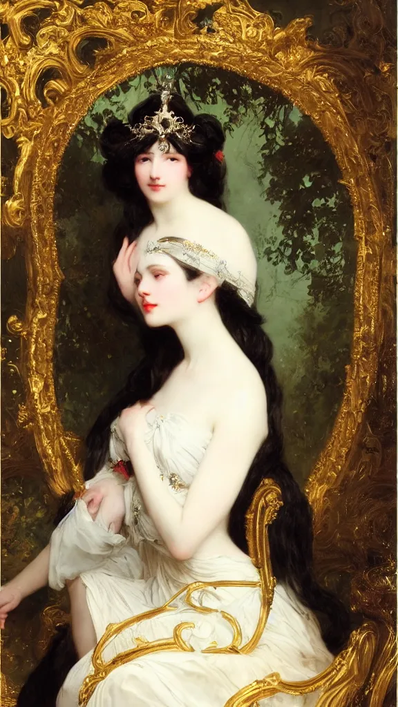 Image similar to a beautiful black haired woman with pale skin and a crown on her head sitted on an intricate metal throne by franz xaver winterhalter and delphin enjolras and rebecca guay