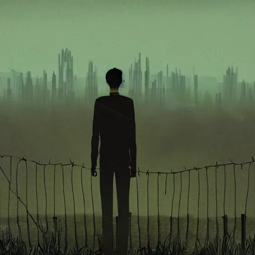 Prompt: a dystopian matte painting of a scared man standing in front of a fence with barbed wire, clouded sky by emiliano ponzi, james gilleard, george ault, david hockney, atey ghailan, albert namatjira, marius borgeaud, minimalist, bauhaus, retrofuturism, concept art, matte background, matte drawing, generative art