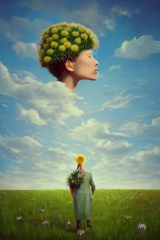 Prompt: portrait, a giant thistle flower under head, a girl in a suit in field of flowers, surreal photography, sunrise, blue sky, dramatic light, impressionist painting, digital painting, artstation, simon stalenhag