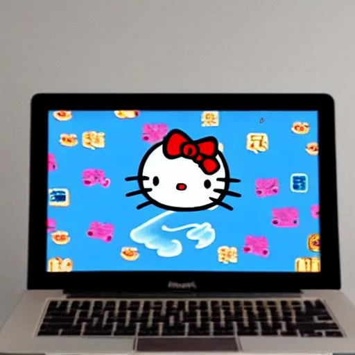 Image similar to oriental water painting of hello kitty programming on a macbook during the song dynasty