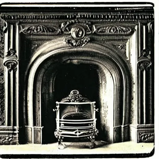 Image similar to grainy 1800s photo of an ornate fireplace that is generating atomic energy