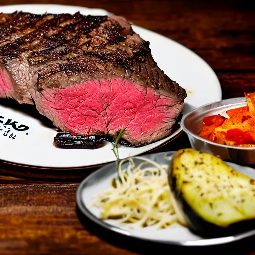 Image similar to advertising photography of a delicious large cooked and seasoned medium well steak, topped with melted mozzarella cheese, and a side of seasoned vegetable and potato and broccoli medley, all served on a wooden table, spot lighting, restaurant promotional poster