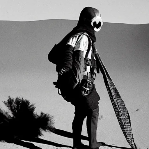 Image similar to a pirate wearing a gasmask, in the desert, film still, arriflex 3 5