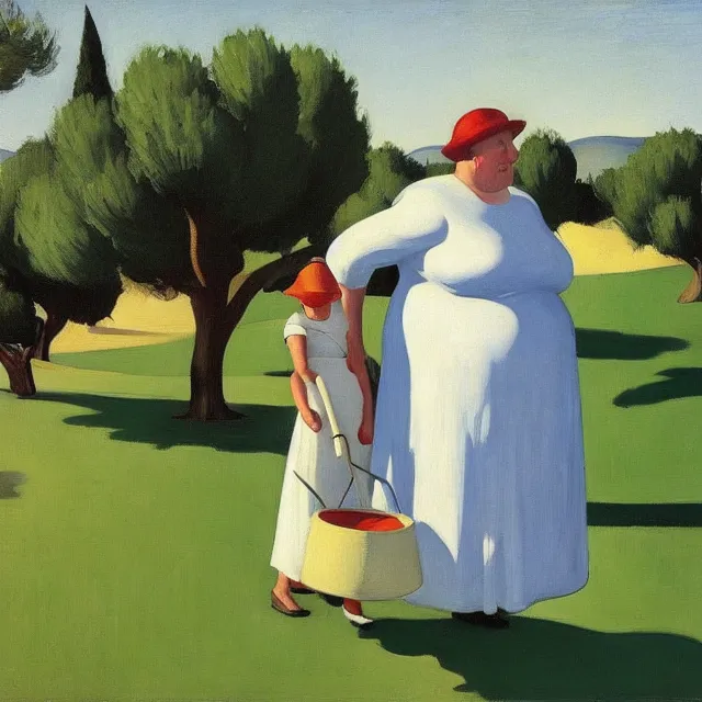 Image similar to a fat old lady with a very large frying pan in her hand on a lawn surrounded by olive trees edward hopper