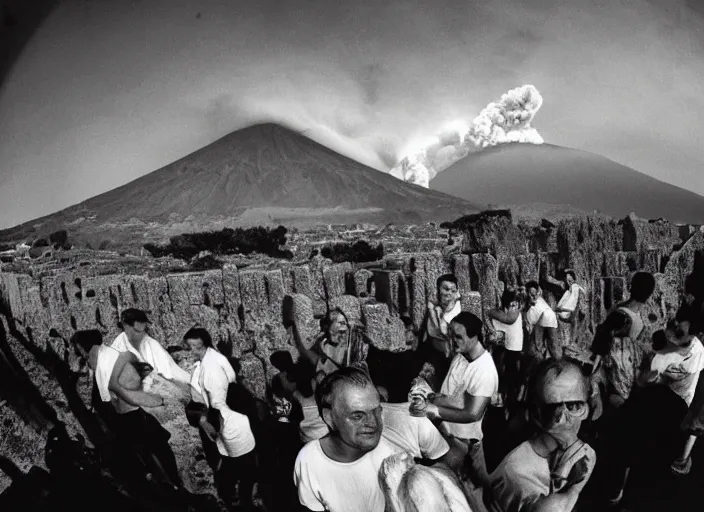 Image similar to old photo of average greeks drink wine and have fun against the backdrop of mount vesuvius starting to erupt by sebastian salgado, fisheye 4, 5 mm, diffused backlight