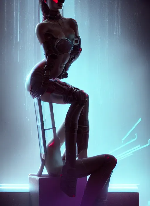 Prompt: a beautiful girl sitting on a stool in a dark room with laser light, cyberpunk, dynamic lighting, high detail, concept art, artstation, zbrush by Paolo Eleuteri Serpieri