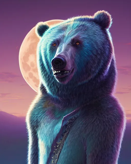 Image similar to highly detailed surreal vfx portrait of a metallic chromatic samurai bear in front of a full moon, stephen bliss, unreal engine, greg rutkowski, loish, rhads, beeple, makoto shinkai and lois van baarle, ilya kuvshinov, rossdraws, tom bagshaw, alphonse mucha, global illumination, detailed and intricate environment