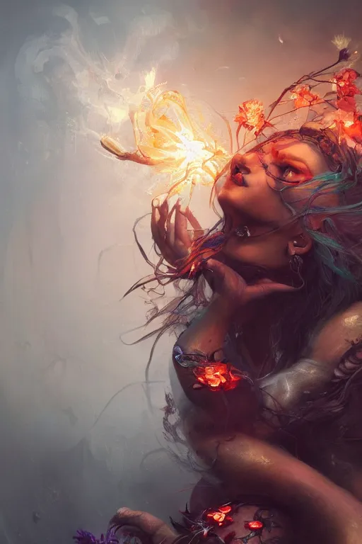 Image similar to half body closeup of beautiful girl necromancer, witch - doctor exploding into flowers, angels, 3 d render, hyper - realistic detailed portrait, holding fire and electricity, ruan jia, wlop. scifi, fantasy, magic the gathering, hyper detailed, octane render, concept art, peter mohrbacher