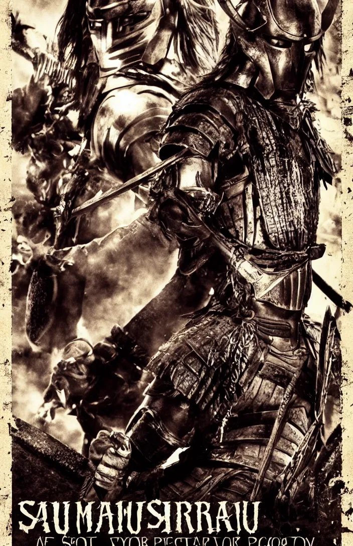 Prompt: movie film poster art for samurai vs predator film shot in feudal japan staring hiroyuki sanada. in the style of ansel adams, frank frazzetta, warcraft