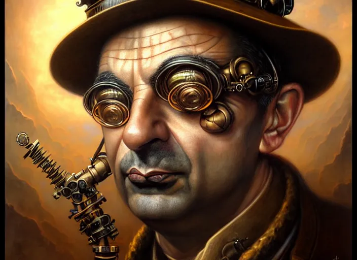 Image similar to steampunk portrait of rowan sebastian atkinson, fractal background, by tomasz alen kopera and peter mohrbacher