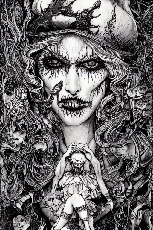 Image similar to Undead Alice in wonderland tarot card , pen and ink, intricate line drawings, by Yoshitaka Amano, Ruan Jia, Kentaro Miura, Artgerm, watercolor