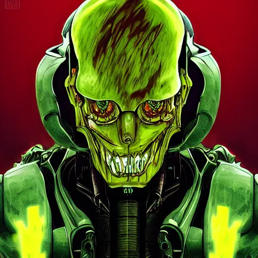 Image similar to pixiv, gruesome, sci - fi, polychaeta, undead cyborg head, doom, newt, yellow, green