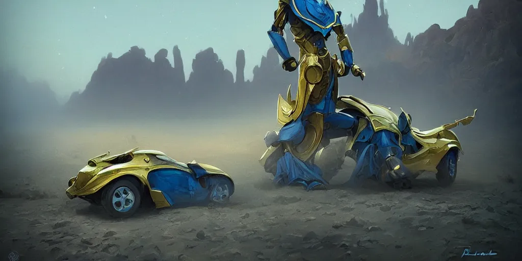 Image similar to blue and gold knight in desert standing next to green car, misty blue hour, sci fi digital painting, unreal engine 5, photorealism, hd quality, 8 k resolution, cinema 4 d, 3 d, cinematic, professional photography, art by artgerm and greg rutkowski and alphonse mucha and loish and wlop, berserk, manga