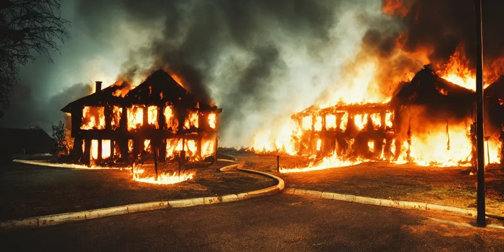 Image similar to house on fire, cinematic, dramatic, atmospheric, realistic