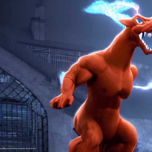 Image similar to john cena playing as charizard human hybrid movie still, cinematic, photorealistic, extreme detail, sharp focus, 8 k, intricate, hyper detailed, realistic, cinematic lighting