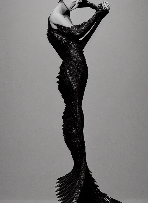 Prompt: a portrait of beautiful model tessa kuragi wearing iris van herpen dress, by serge lutens, photorealistic, intricate details, hyper realistic, photorealistic, canon r 3, photography, symmetrical features, symmetrical pose, wide angle shot, head to toe, standing pose, feet on the ground,