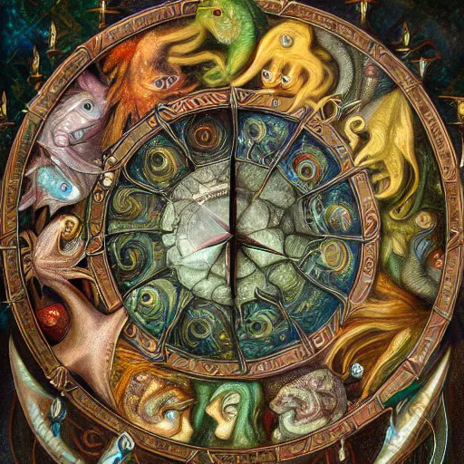 Image similar to detailed and sharp portrait of piscesthe fishes artistic zodiac artwork, mystic style, detailed, 8 k, detailed, symmetrical, by brian froud