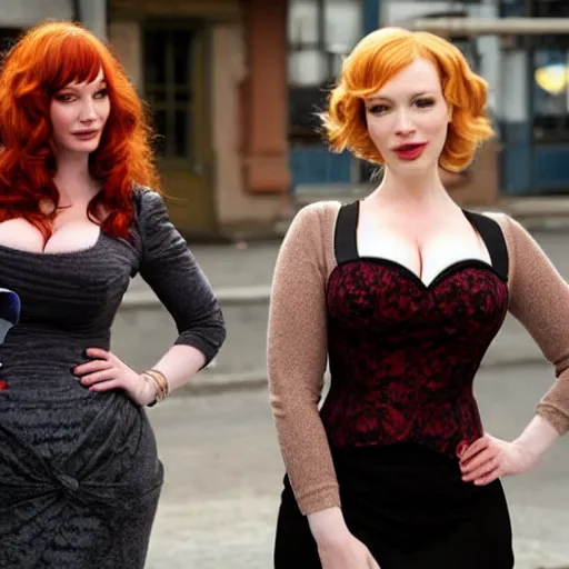 Prompt: Christina Hendricks with bust with 2 broke girls clothes, cinema effect,