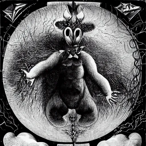 Image similar to furry freaky creature sings a unique canto about'as above so below'being ignited by the spirit of haeckel and robert fludd, breakthrough is iminent, glory be to the magic within