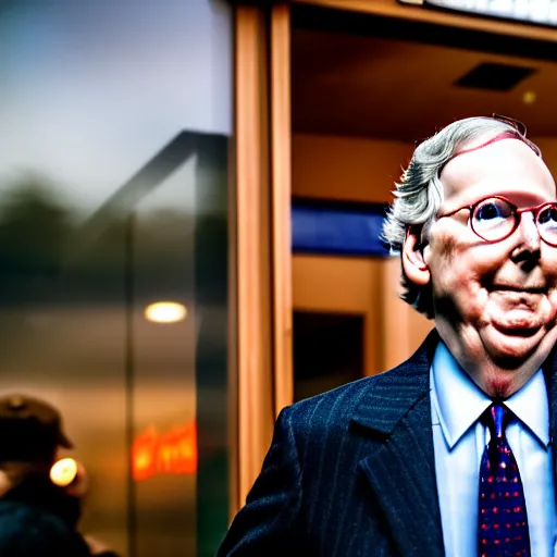 Image similar to photograph portrait of Mitch McConnell entering a pizza shop, sigma 85mm f/1.4, 4k, depth of field, high resolution, 4k, 8k, hd, full color