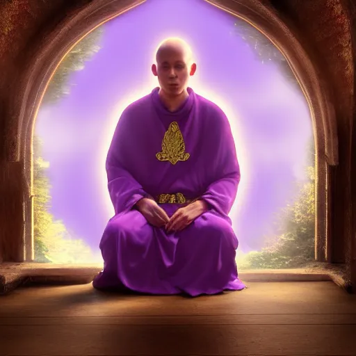 Image similar to mystic purple monk meditate in old church, unreal engine, digital, artstation, detailed body, heavenly atmosphere, digital art, overdetailed art, trending on artstation, cgstudio, the most beautiful image ever created, dramatic, award winning artwork, beautiful scenery