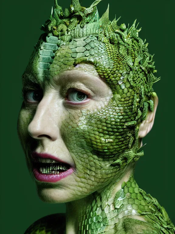 Image similar to portrait of queen elizabeth, skin peeling to reveal green! scales!, forked snake tongue sticking out, art by ryo shiotani and greg rutkowski, intricate, beautiful, portrait photography, cinematic lighting, vintage art by serge ivanoff, high resolution, very detailed