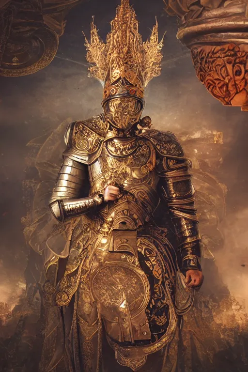 Image similar to hyperdetailed matte illustration of a knight wearing an ornate gold headpiece and holding a flower with a map of the collective subconscious in the background by octane render