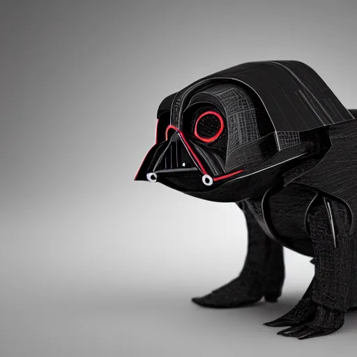 Prompt: 3 d rendered hyper realistic hyper detailed black pug droid wearing a pug - shaped darth vader helmet, octane render, blender, 8 k