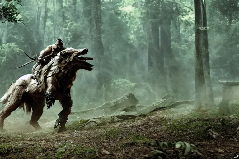 Image similar to vfx movie closeup detailed ancient armored warrior orc hunting riding large wolf in the forest, natural lighting by emmanuel lubezki