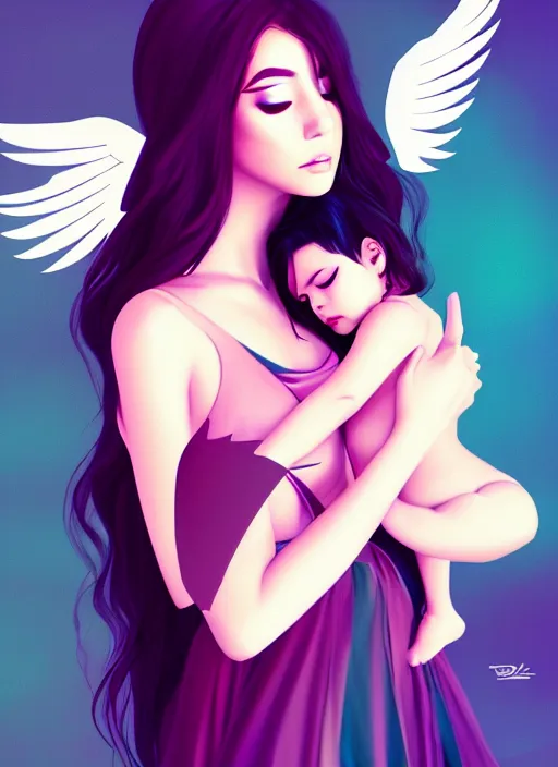 Image similar to beautiful women with wings holding her baby, latina, rule of thirds, haze, intricate, anime, symmetrical!!, makeup, loreal, maybelline, filmic, vsco, concept art, artstation, digital painting, elegant, model