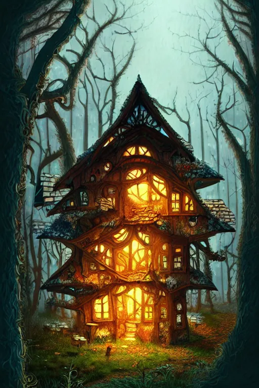 Image similar to a storybook illustration of a ramshackle multistory fairytale hut in the forest, intricate, elegant, fantasy, highly detailed, digital painting, concept art, sharp focus, artstation