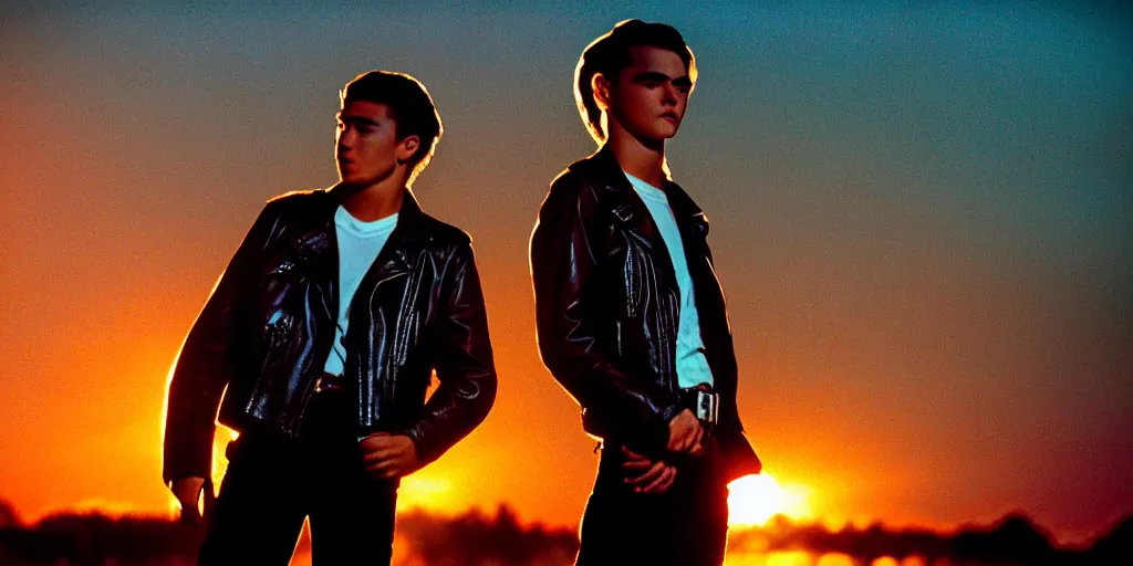 Prompt: the sunset's light beams through a window, tommy 1 8 years old, shoots revolvers with his brother rickey who is a tough 2 6 year old male, leather jackets, action pose, medium close up shot, depth of field, sharp focus, waist up, movie scene, anamorphic, costume art direction style from the movie the outsiders