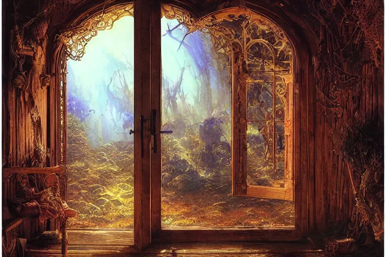 Image similar to large rustic intricately decorated wooden double door, metal handles, a view to a fantasy world, eerie back light, mist, fantasy painting by noriyoshi ohrai