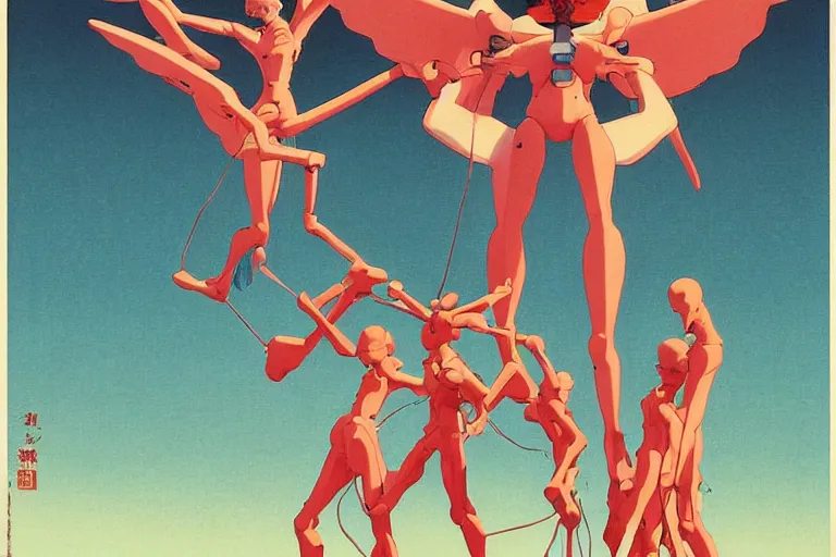 Image similar to gigantic evangelion angels with human faces catch tiny threads, a lot of exotic mechas robots around, human heads everywhere, risograph by kawase hasui, dirtyrobot, edward hopper, satoshi kon and moebius, colorful flat surreal design, super - detailed, a lot of tiny details, fullshot